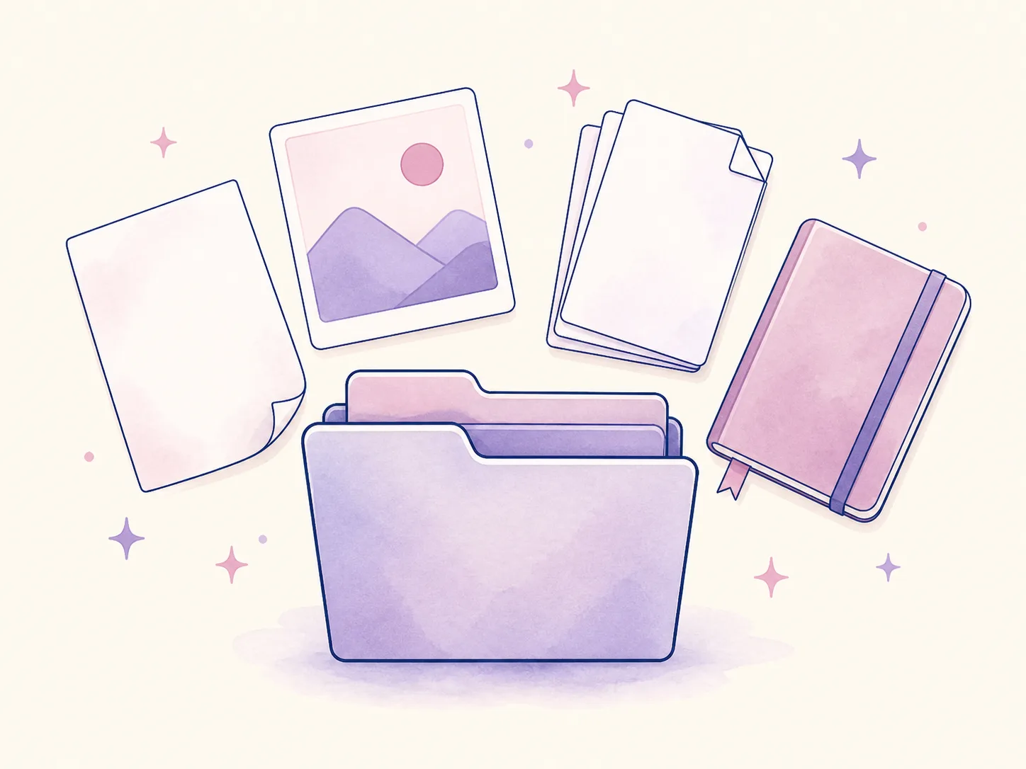 フォルダの中にメモ・画像・資料・議事録が並ぶイラスト